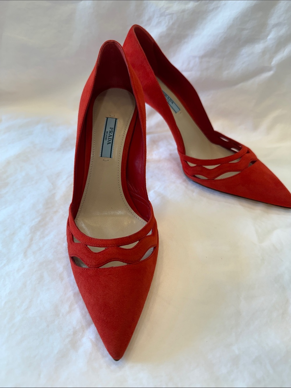 Prada Red Suede Pointed-Toe Pumps with Cutout Detail